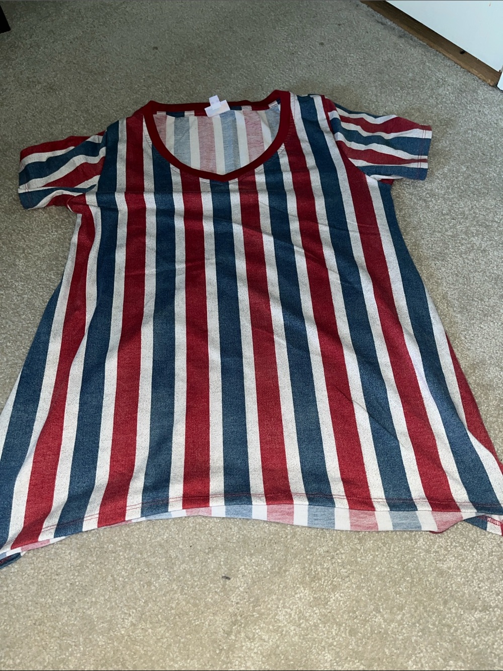 LuLaRoe Women's Short Sleeve Tee - Red, Blue & White Vertical Stripes